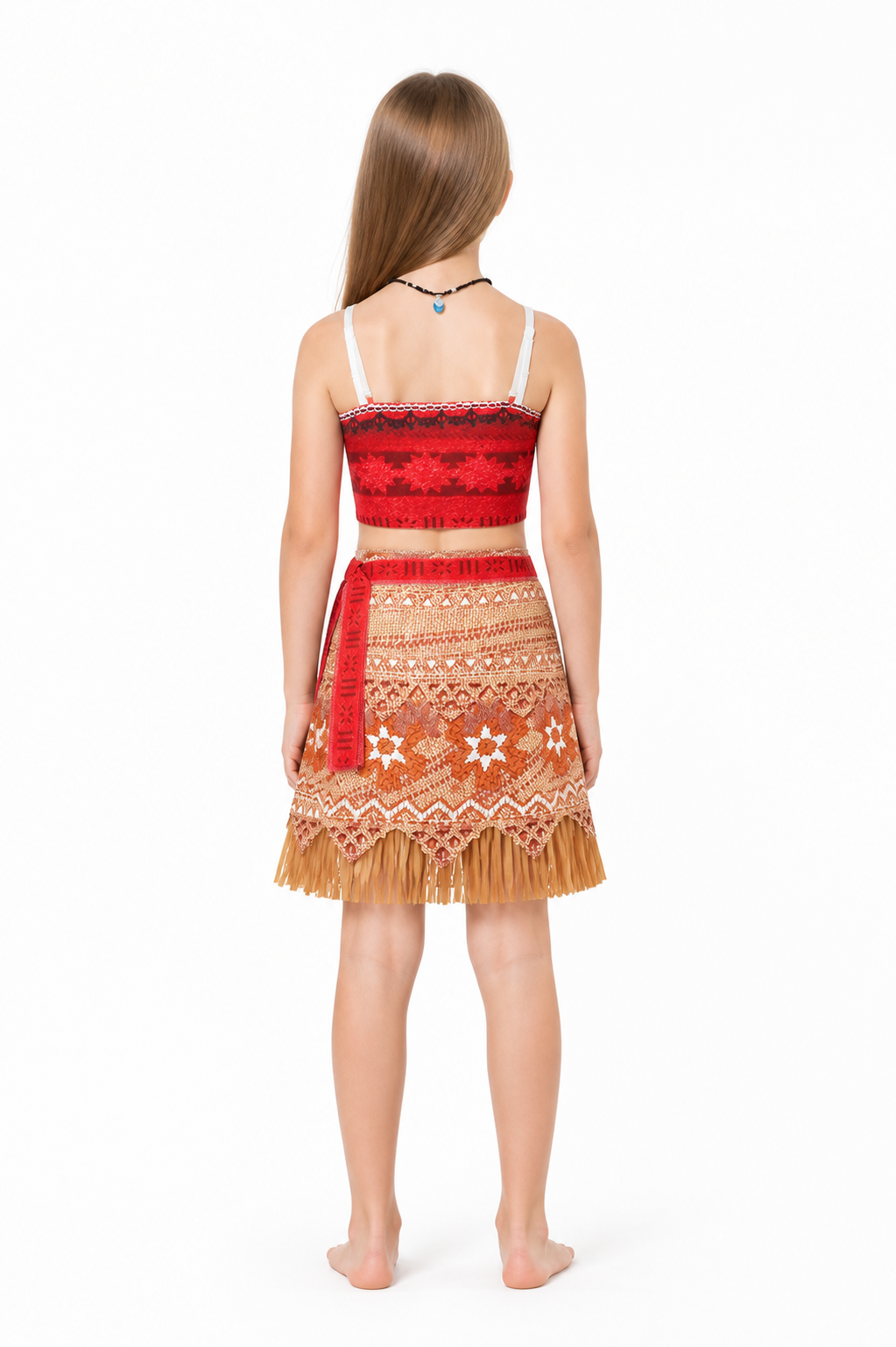Moana Two-Piece Costume with Fringe and Necklace back view