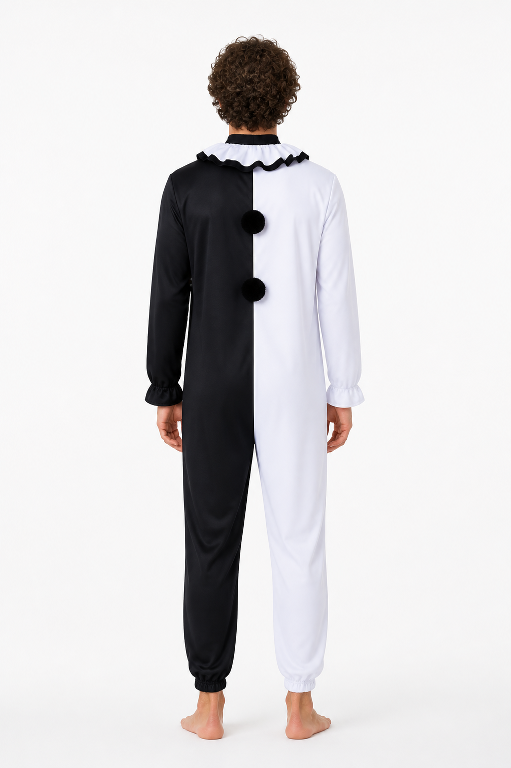 Black-and-White Clown Jumpsuit with Ruffled Collar back view