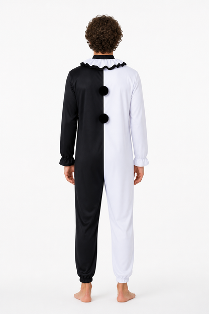 Black-and-White Clown Jumpsuit with Ruffled Collar back view