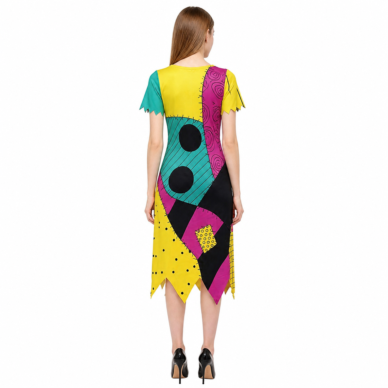 Midi Dress with Geometric Insert and Jagged Hem back view