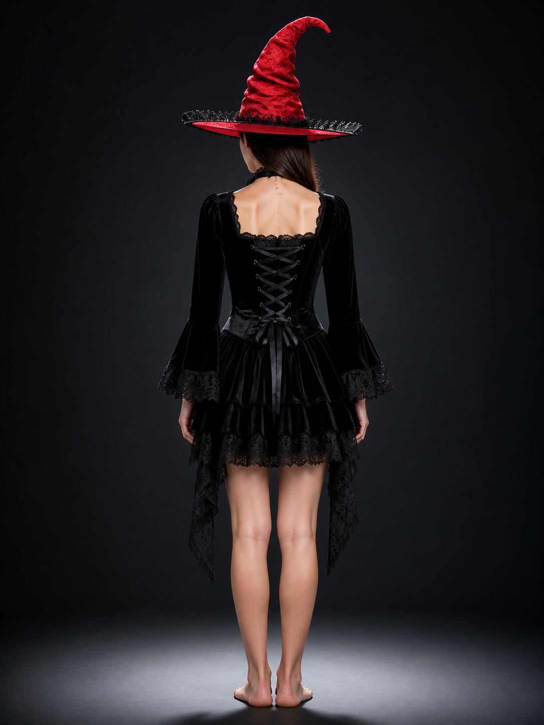 Red and Black Wide Brim Witch Hat, Tall Curved Pointed Top with Black Lace Trim back view 2