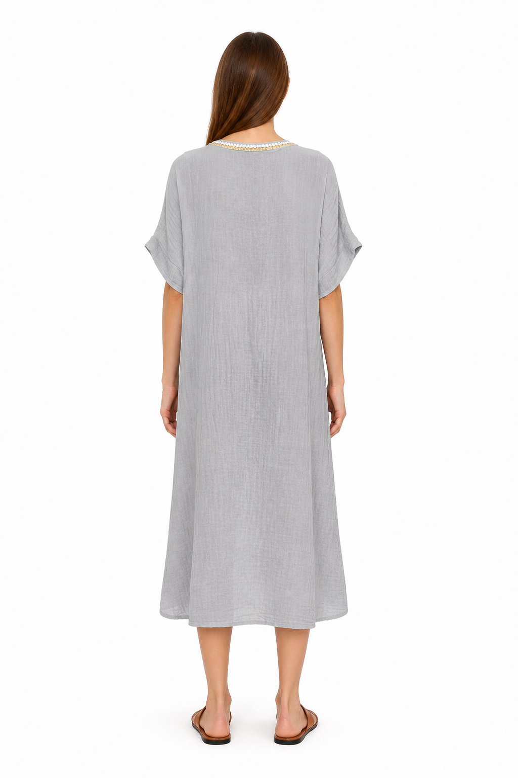 Loose-Fit Midi Dress with Beads and Round Neckline back view