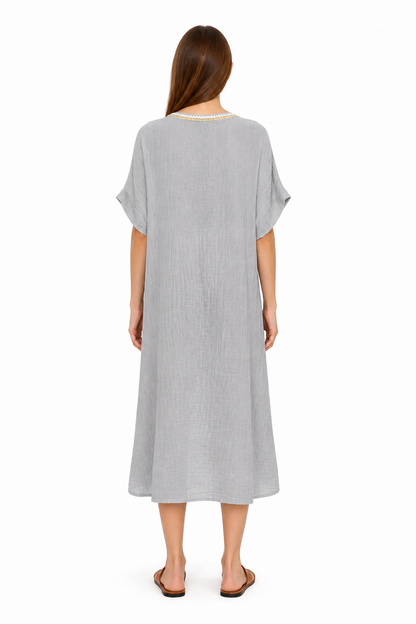 Loose-Fit Midi Dress with Beads and Round Neckline back view