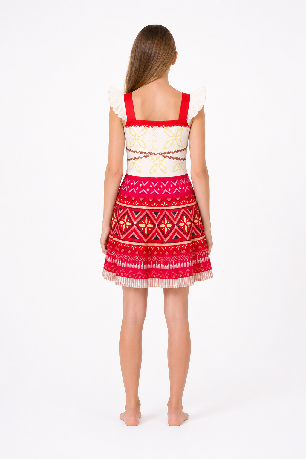 Moana Dress with Geometric Print and Ruffles back view