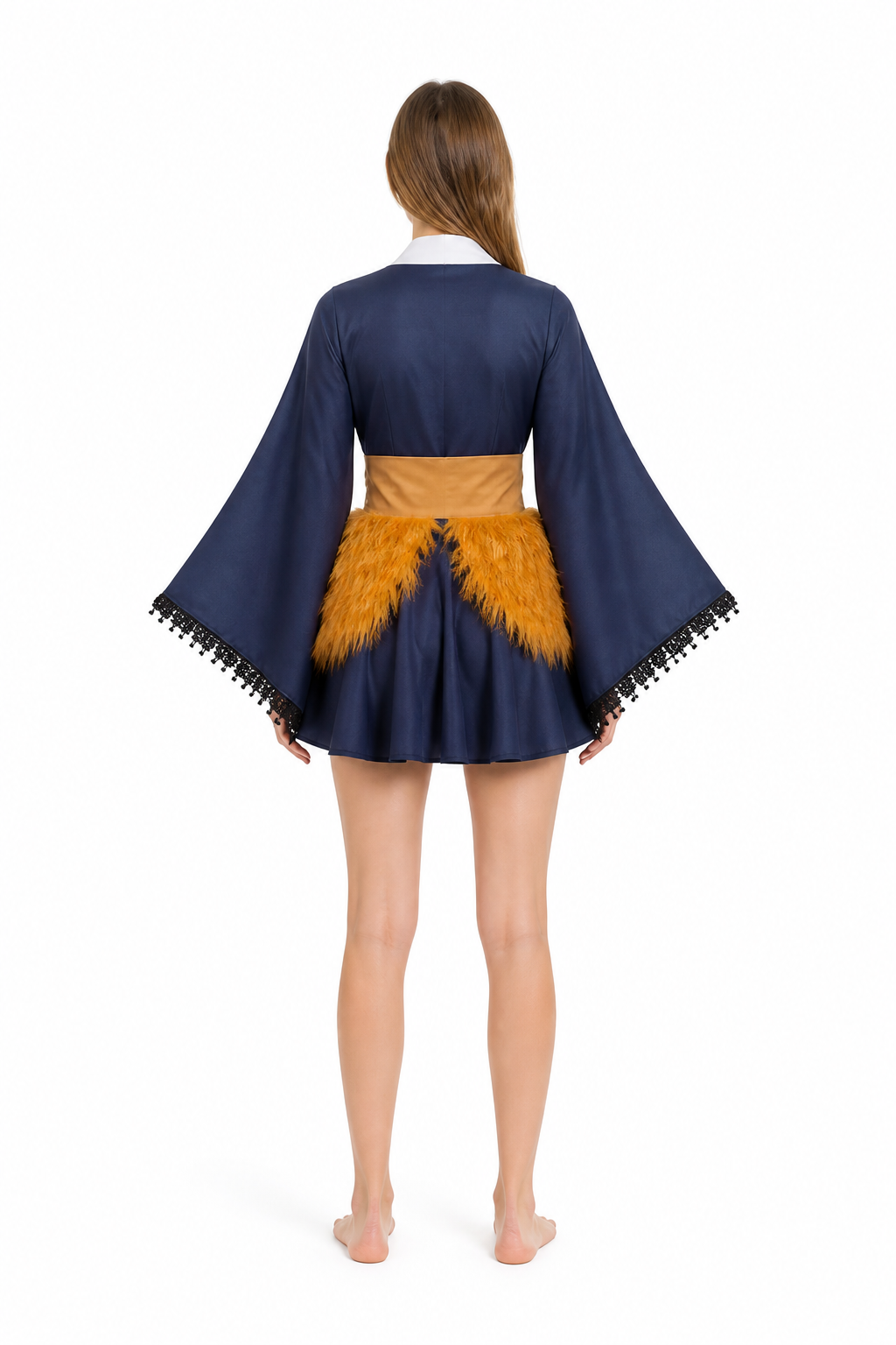 Japanese-Style Dress with Flared Sleeves and Cat Print back view