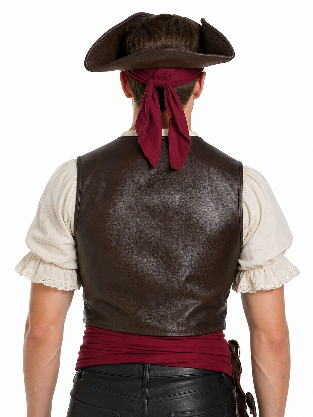 This carnival headpiece is made in a pirate style and is suitable for costume parties, themed events, Halloween, masquerades, stage looks, cosplay, and photo shoots. Its tricorn silhouette, raised curved brims, and dark brown textured surfa