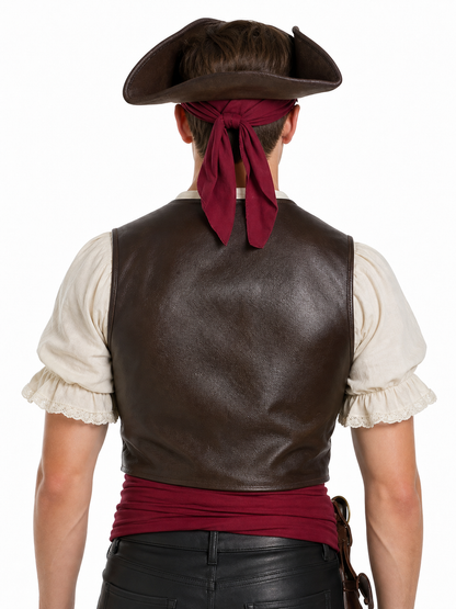 This carnival headpiece is made in a pirate style and is suitable for costume parties, themed events, Halloween, masquerades, stage looks, cosplay, and photo shoots. Its tricorn silhouette, raised curved brims, and dark brown textured surfa