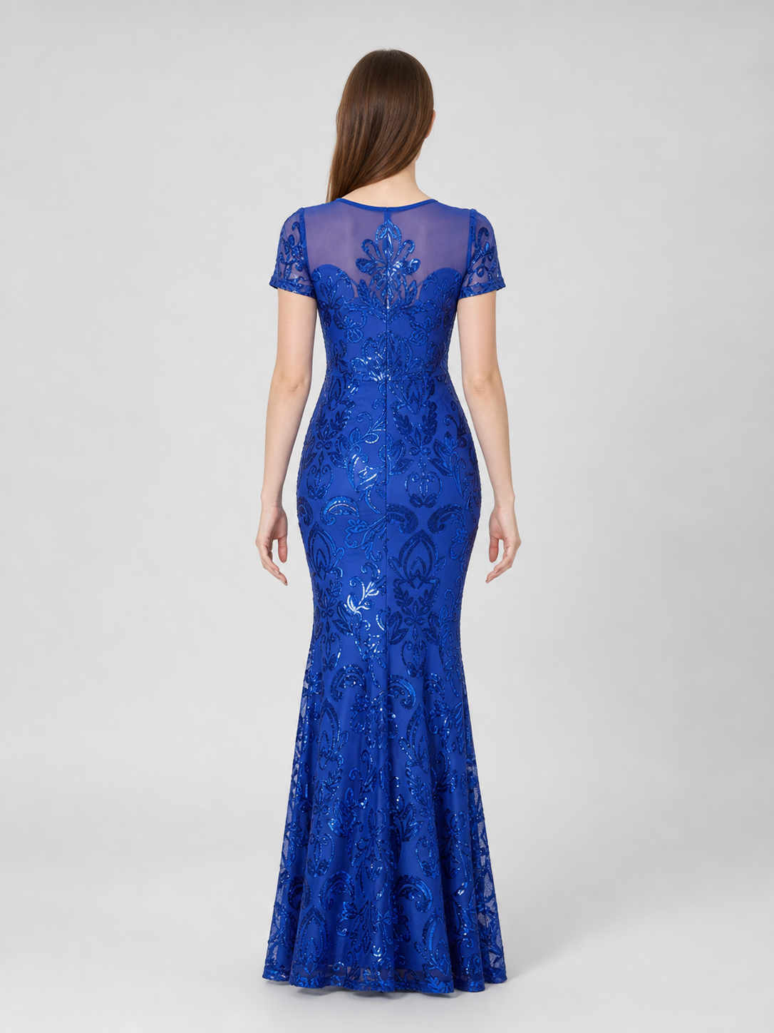 Blue evening dress with floral pattern and sequins