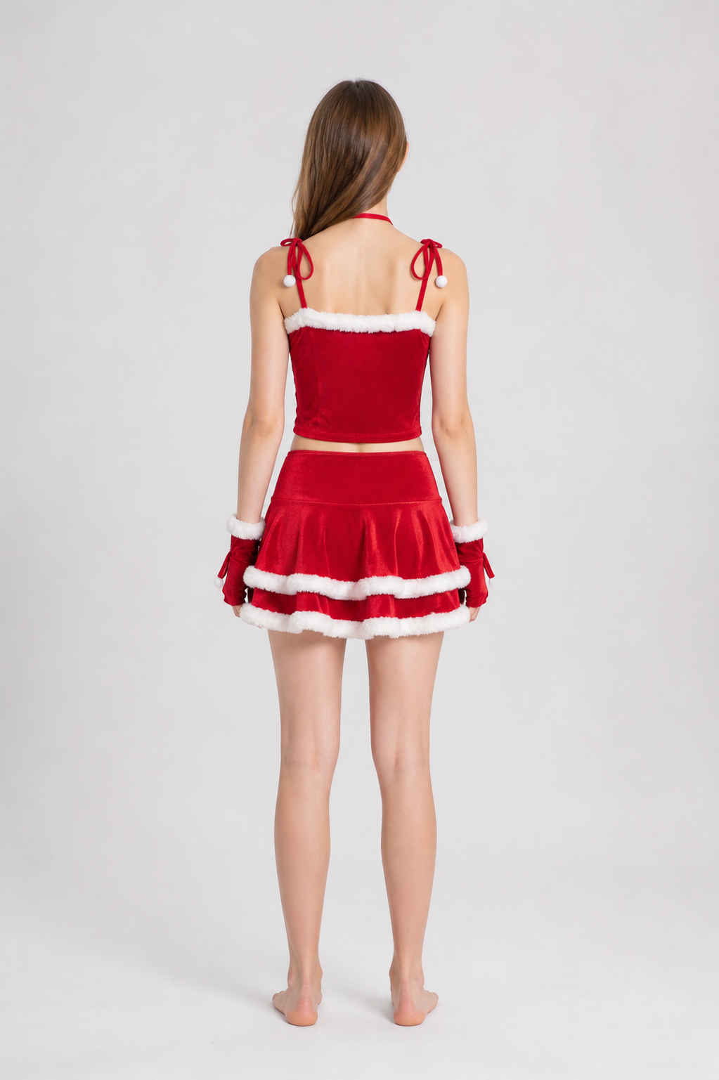 Two-Piece New Year's Costume with White Fluffy Trim back view