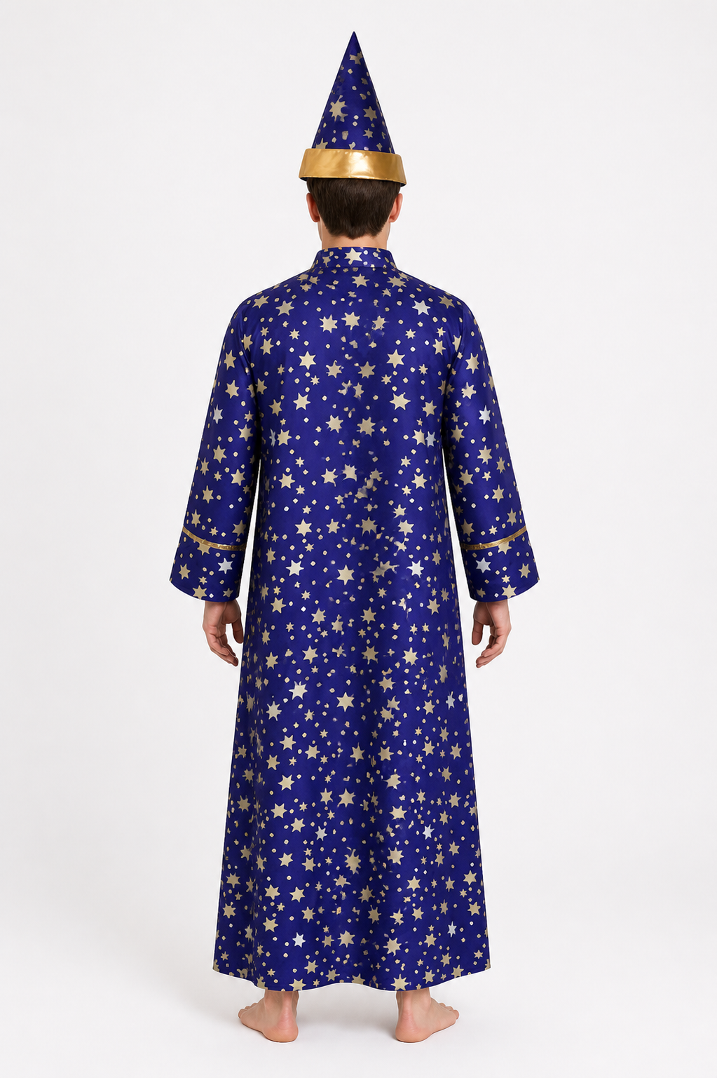 Blue Wizard Costume with Stars and a Pointed Hat back view