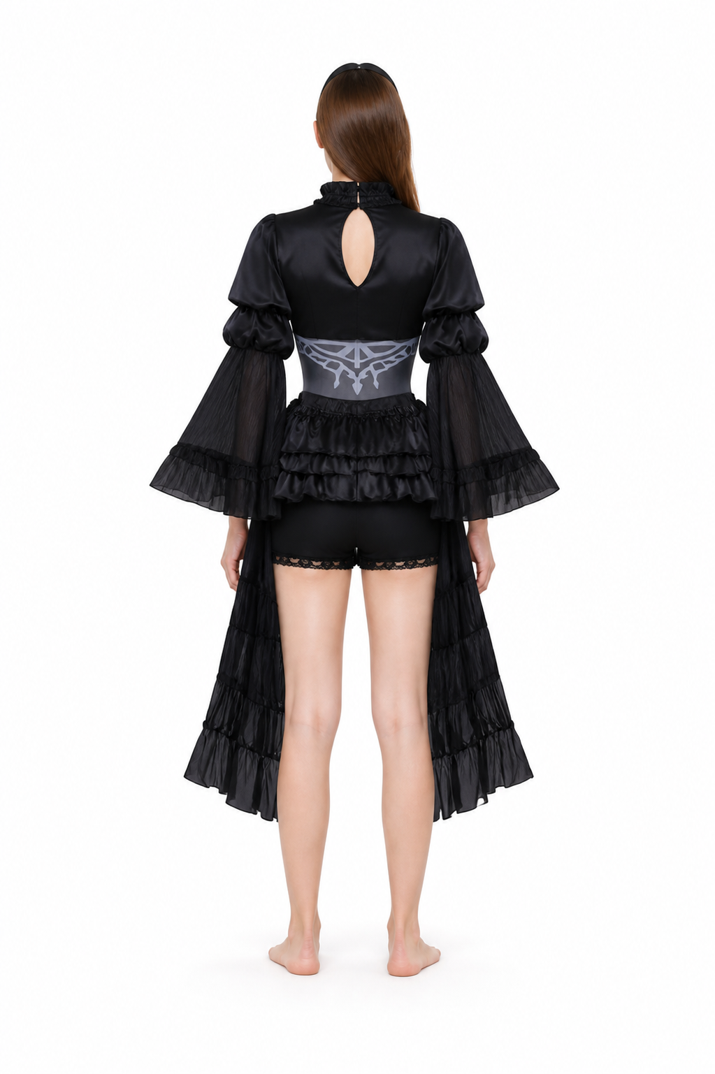 Black Cosplay Dress with Collar and Ruffles back view