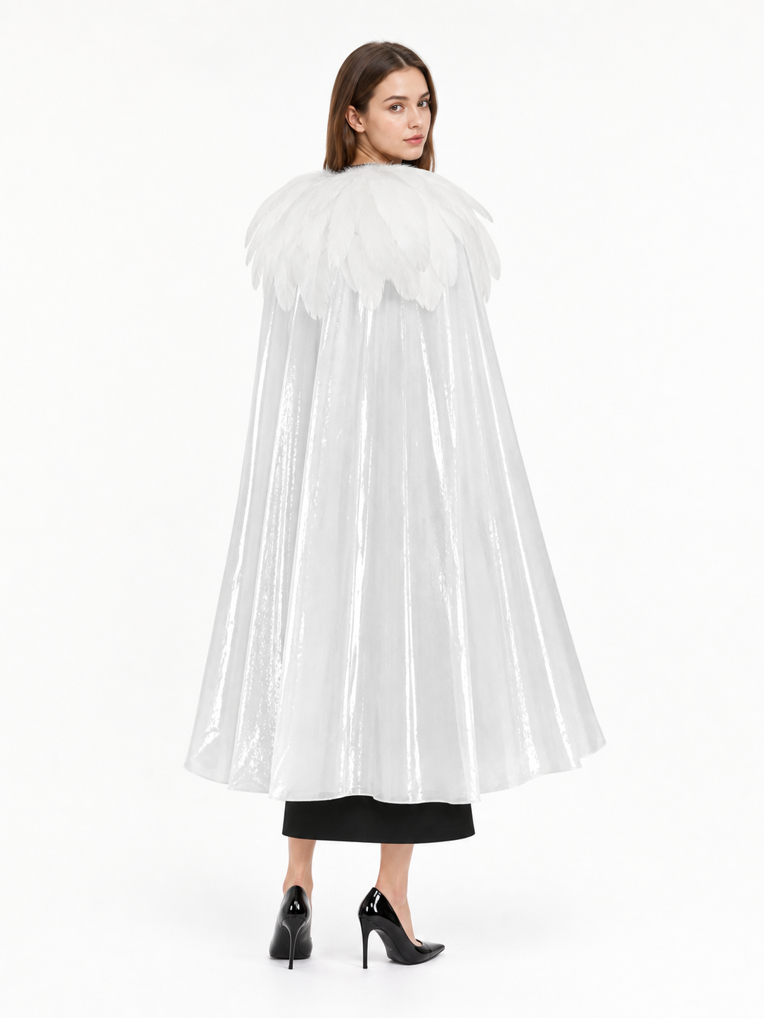 White Velvet Cape with Feather Trim, Maxi