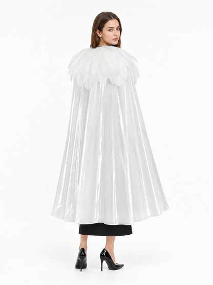 White Velvet Cape with Feather Trim, Maxi