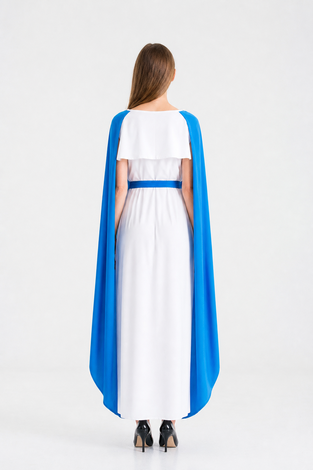 Pharaoh Costume with White Turban and Blue Cape back view