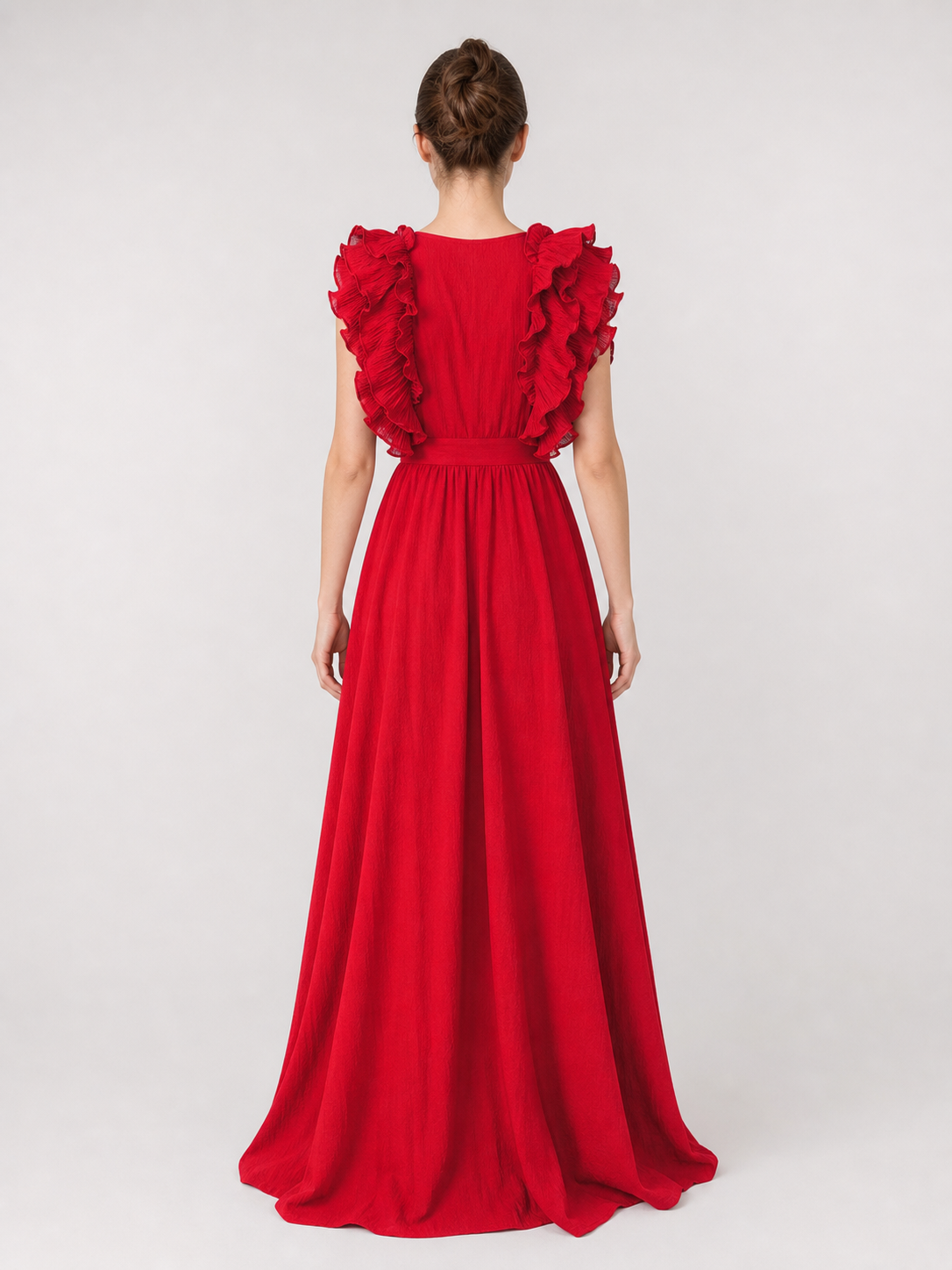 Floor-Length Ruffled Dress with a Deep V-Neckline