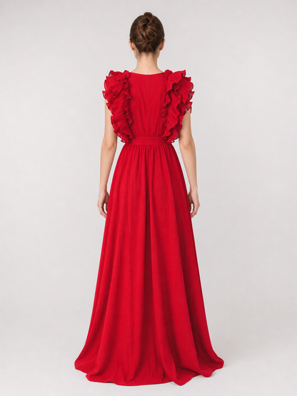 Floor-Length Ruffled Dress with a Deep V-Neckline