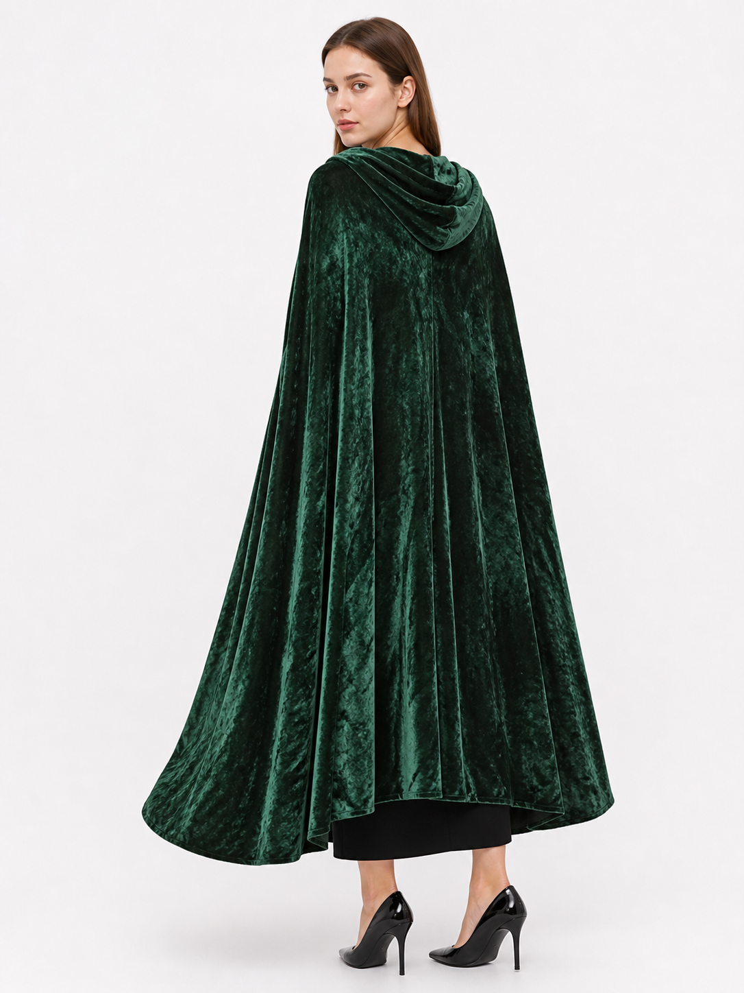 Dark green hooded velvet costume cape product view 59
