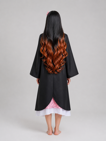 Long Curly Anime Nezuko Cosplay Wig back view
