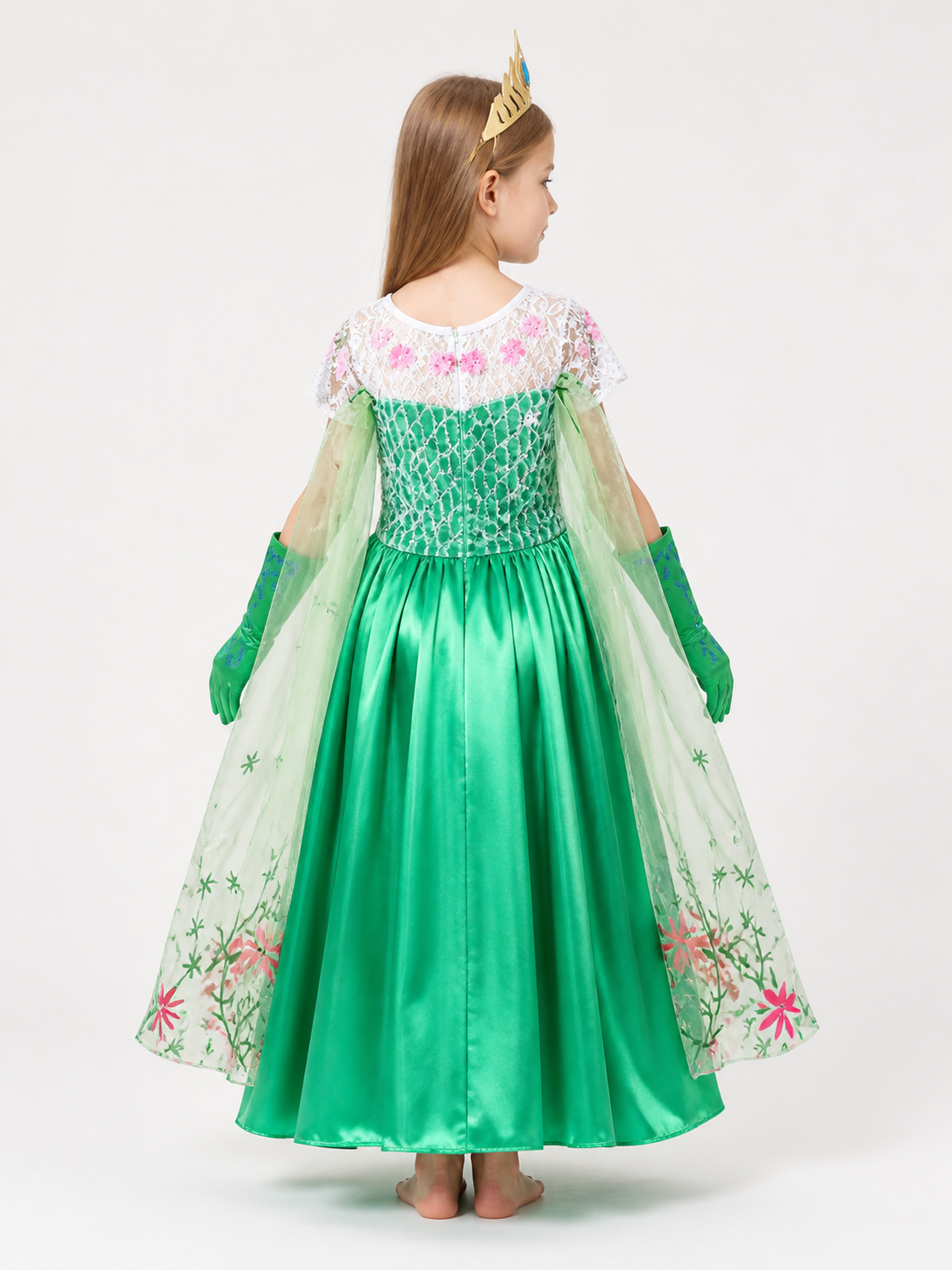 Carnival Costume with Green Dress, Crown, and Gloves