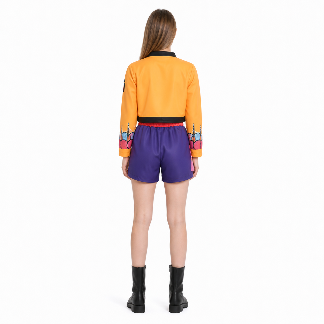 Cosplay costume with jacket, top, and shorts back view