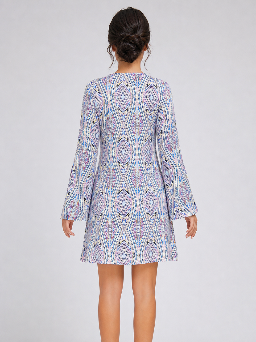 Retro 1970s Dress with Geometric Print back view