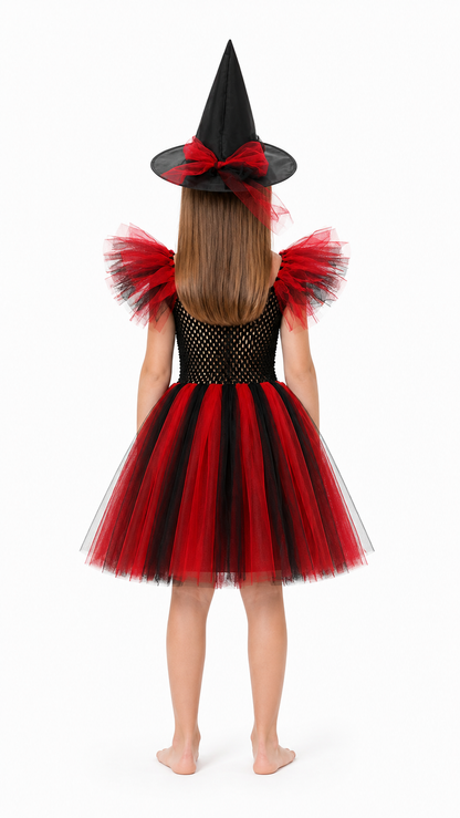 Red and Black Witch Costume with Hat and Full Skirt back view