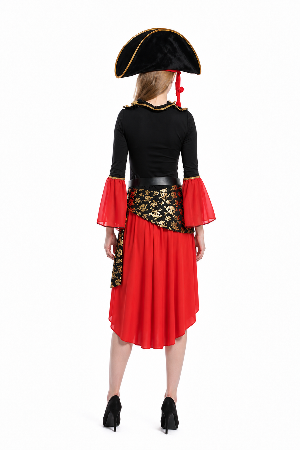 Pirate Costume with Dress, Hat, and Belt, Black and Red back view