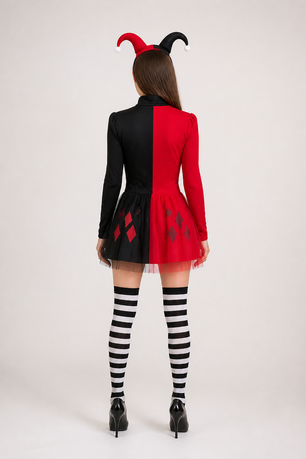Red and Black Clown Costume with Skirt and Train back view