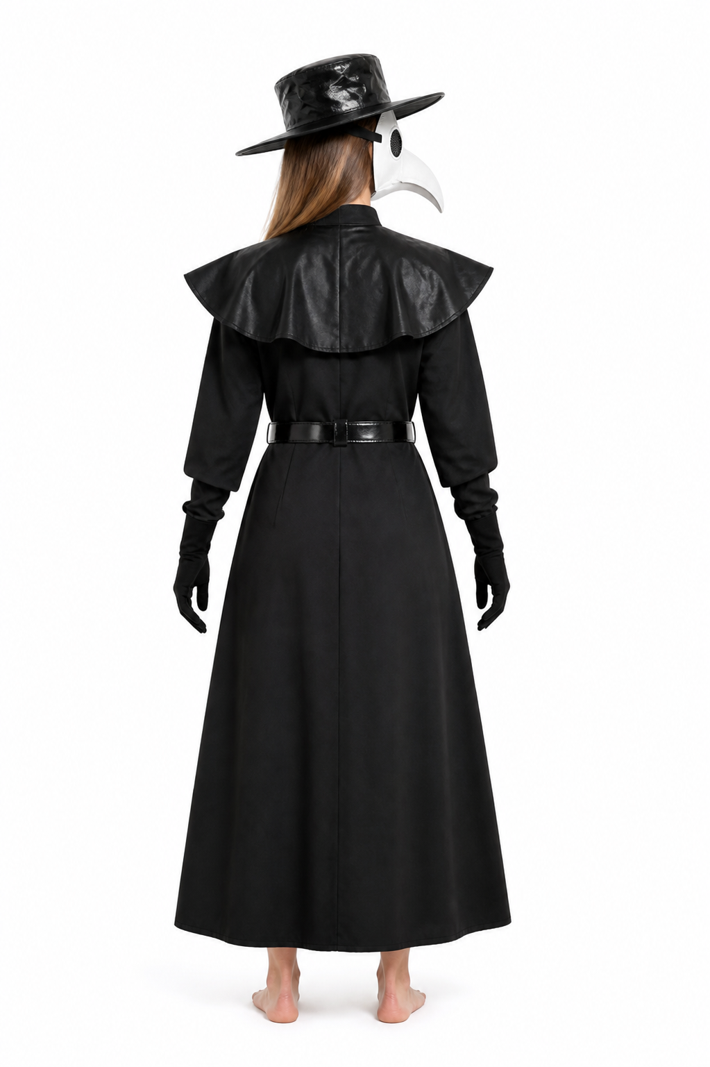 Plague Doctor Costume with Mask, Hat, and Gloves back view