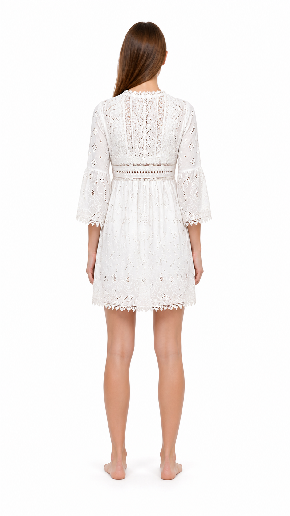 Embroidered Dress with V-Neck and 3/4 Sleeves back view