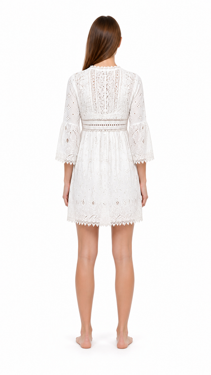 Embroidered Dress with V-Neck and 3/4 Sleeves back view
