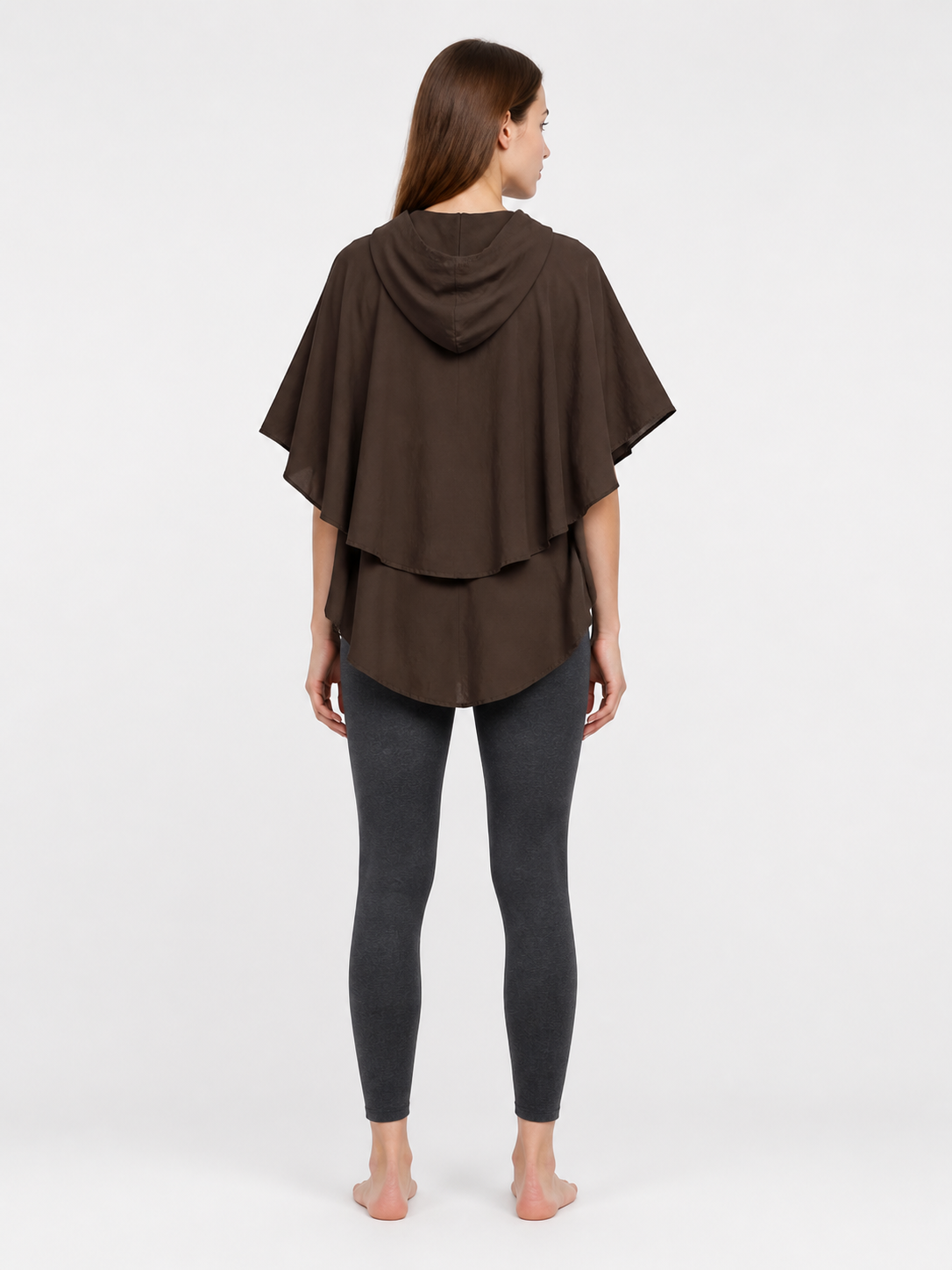 Women's Hooded Wanderer Cloak Costume with Layered Hem, Shoulder Draped Pleats back view 4