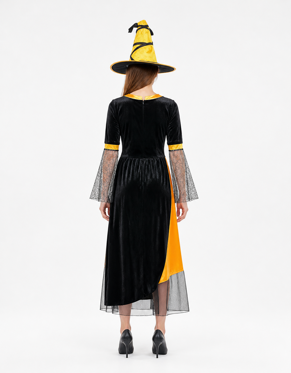Black and Silver Dress with Witch Hat back view