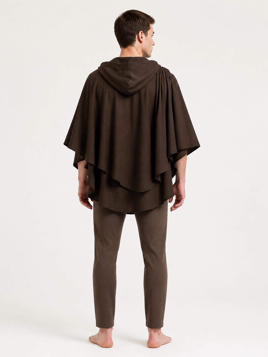 Women's Hooded Wanderer Cloak Costume with Layered Hem, Shoulder Draped Pleats back view 5