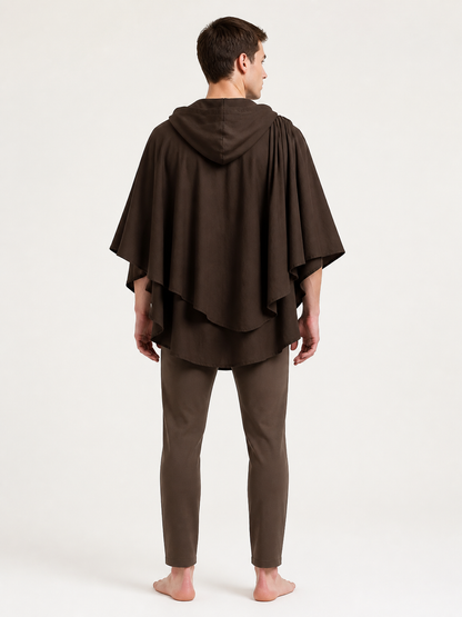 Women's Hooded Wanderer Cloak Costume with Layered Hem, Shoulder Draped Pleats back view 5
