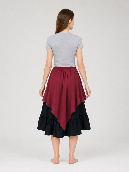 Multi-Tiered Burgundy-Black Skirt with an Asymmetrical Hem