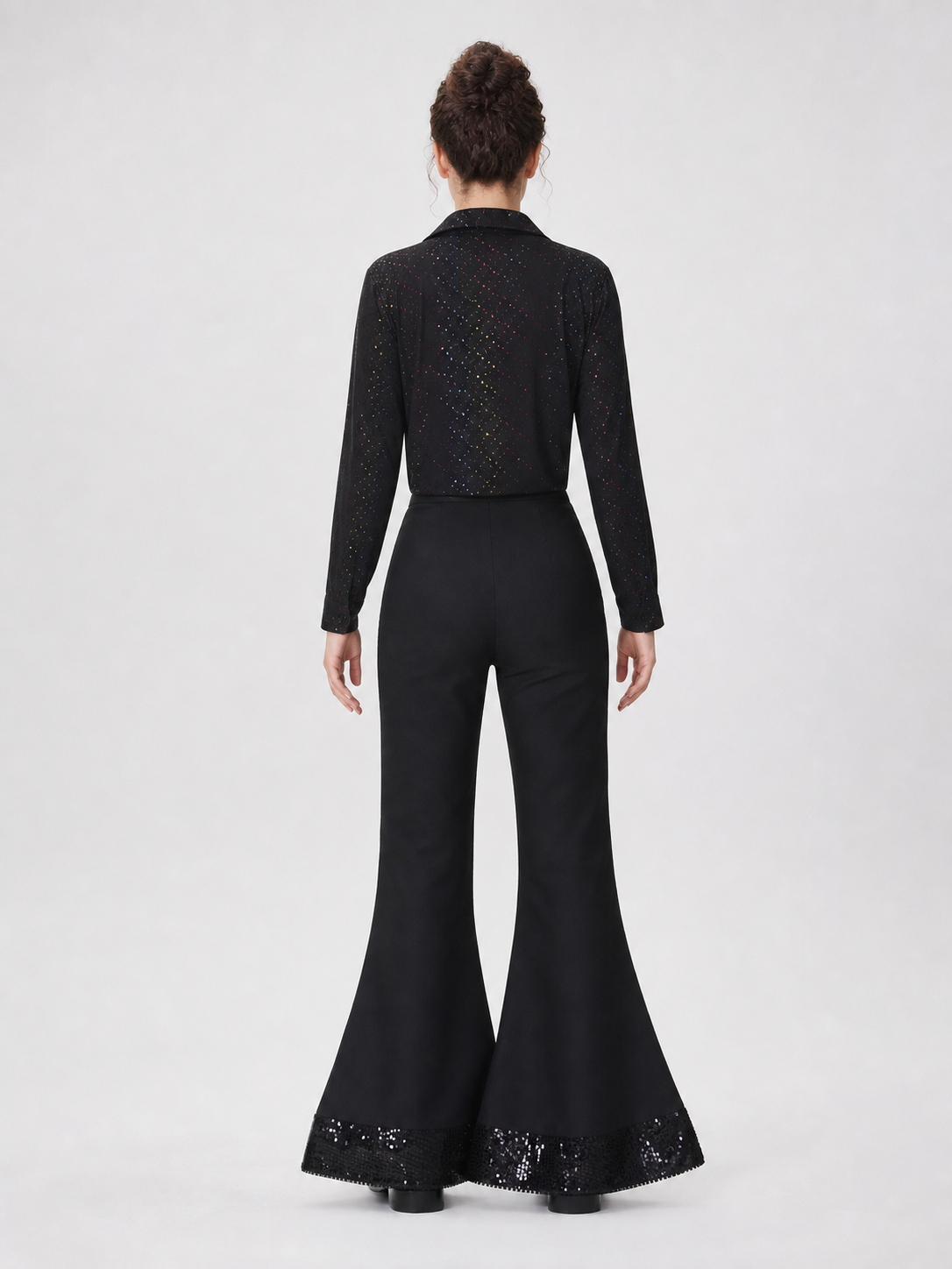 Retro disco-style stage performance costume. The set includes a black back view