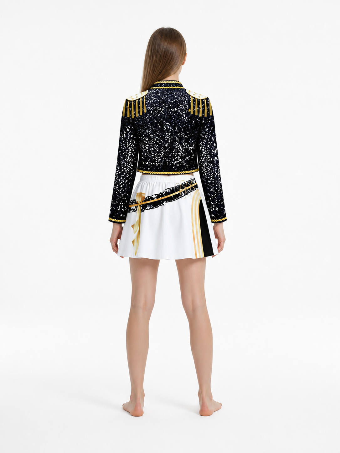 Sequin Stage Costume with Jacket, Top, and Skirt back view