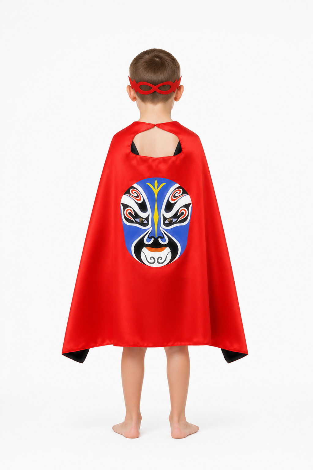 Children's Red Cape with Peking Opera Mask back view