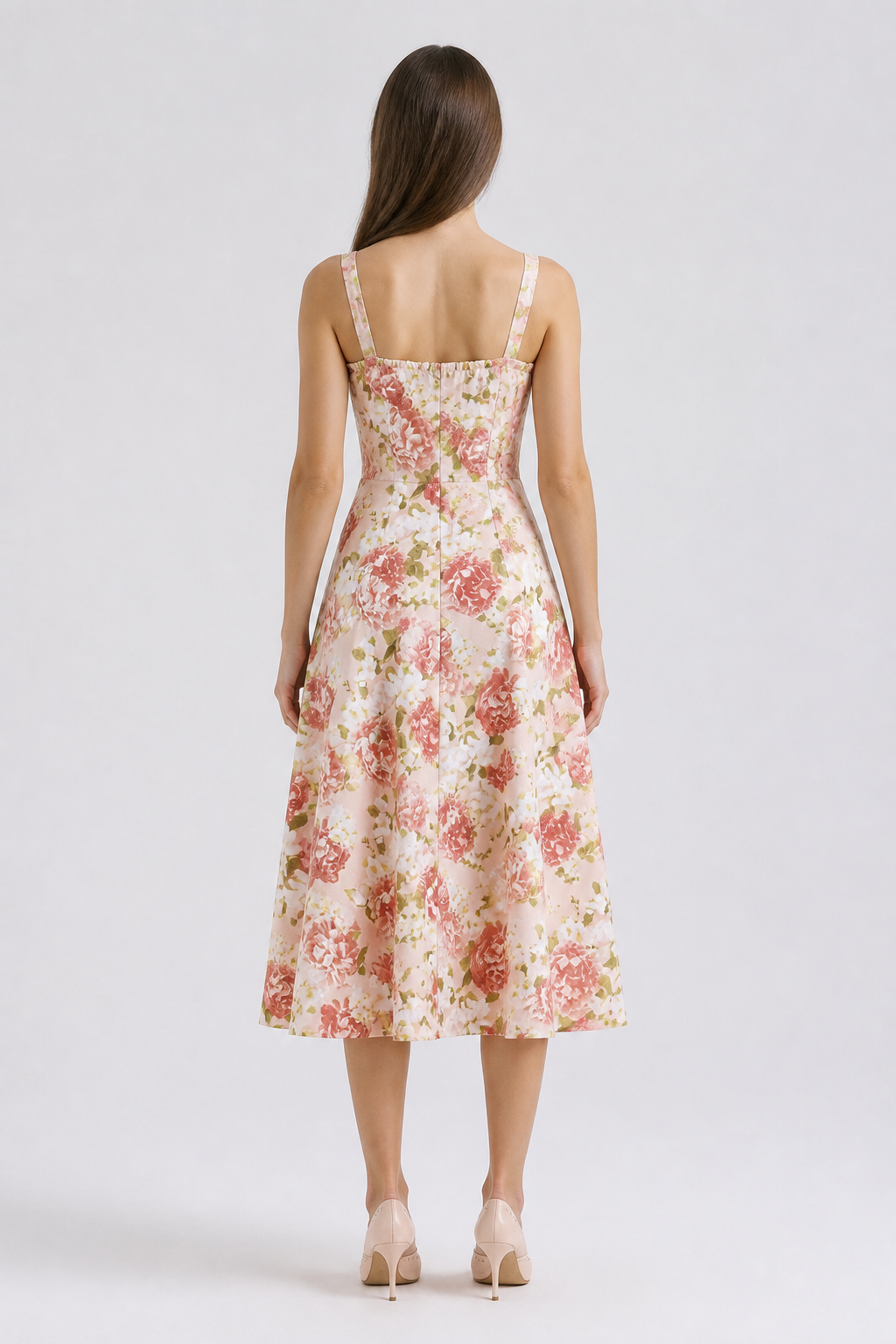 Spaghetti-Strap Dress with a Square Neckline and Floral Print back view