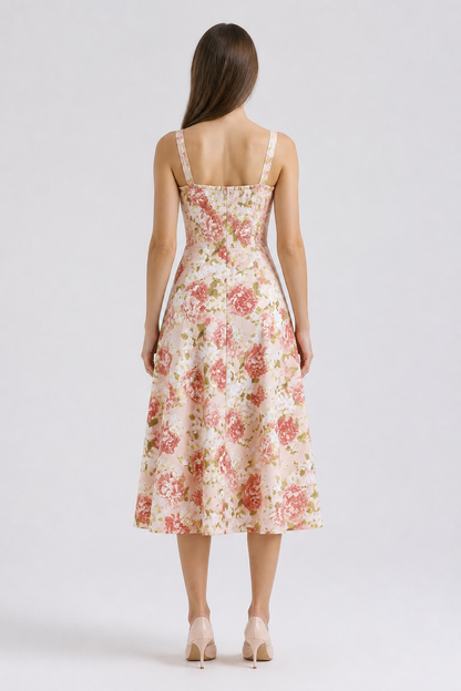 Spaghetti-Strap Dress with a Square Neckline and Floral Print back view