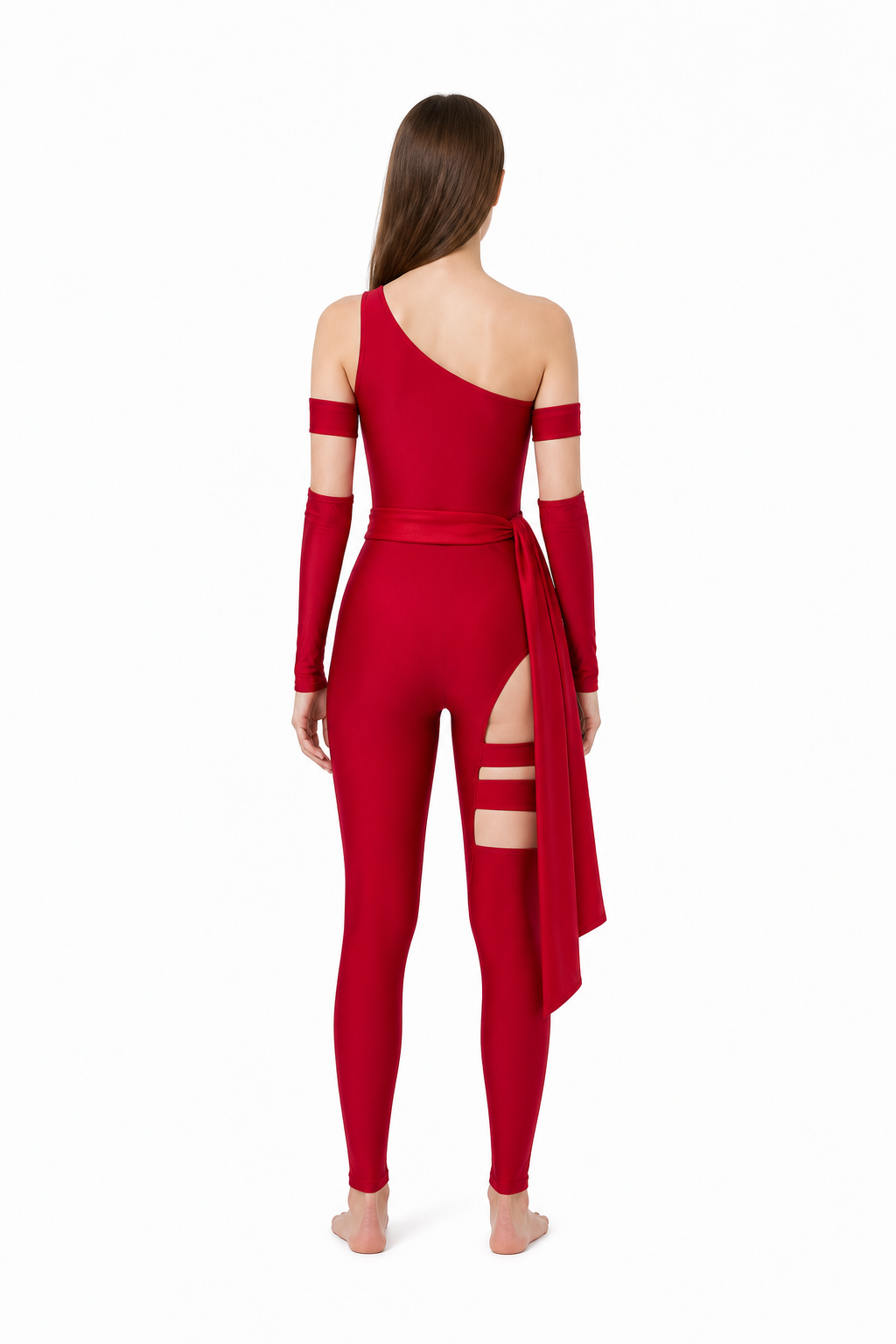 Elektra Cosplay Costume, Red with Slits and Ribbons back view