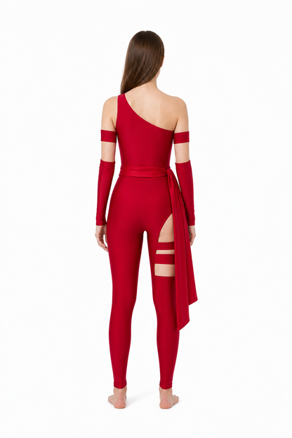 Elektra Cosplay Costume, Red with Slits and Ribbons back view