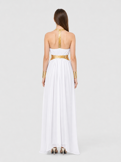 Long White-and-Gold Cosplay Dress with a High Slit