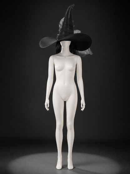 1pc Black Halloween Witch Hat Wide Brim Tall Pointed Wizard Cap with Mesh back view