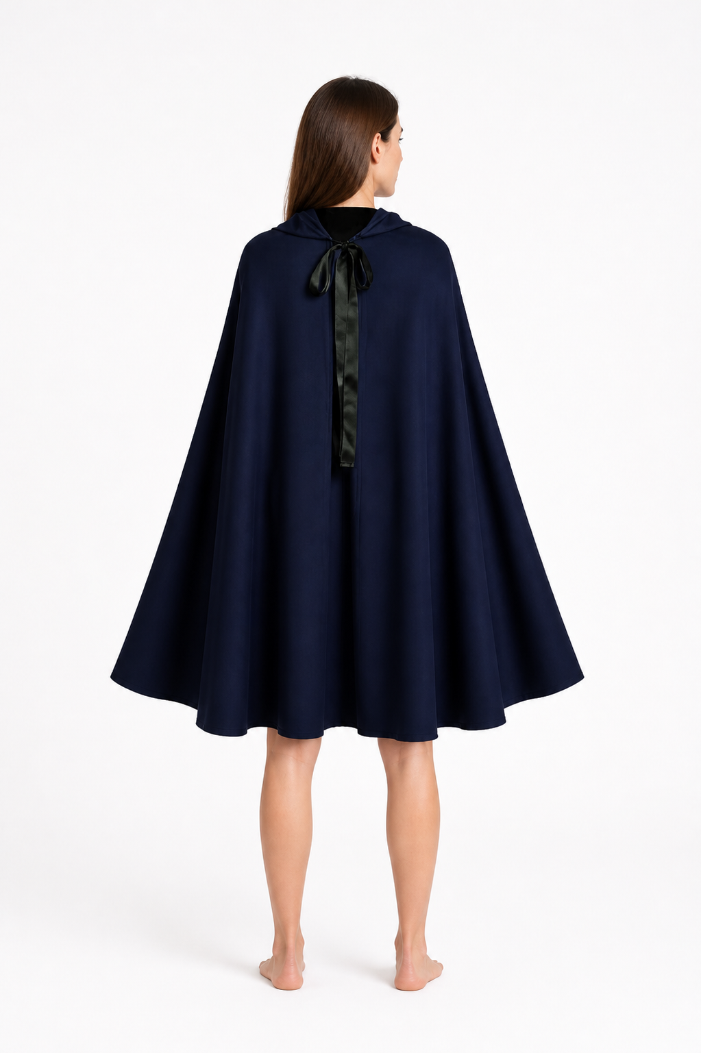 Long Hooded Cloak, Dark Navy with Black Tie back view