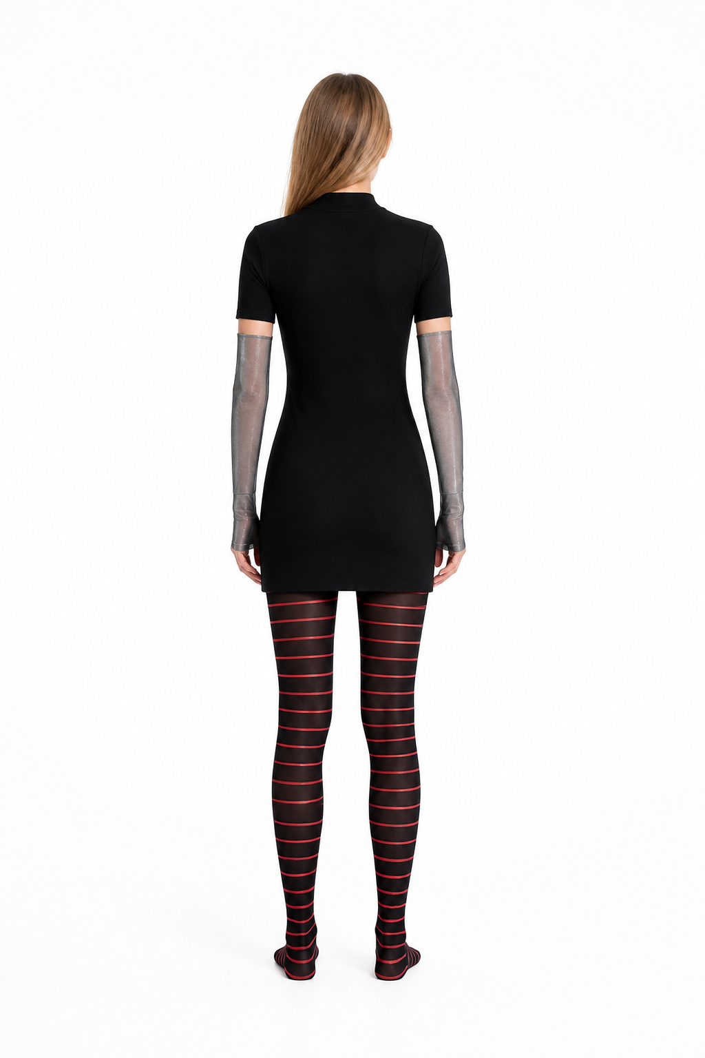 Costume with Red-and-Black Striped Dress and Tights back view