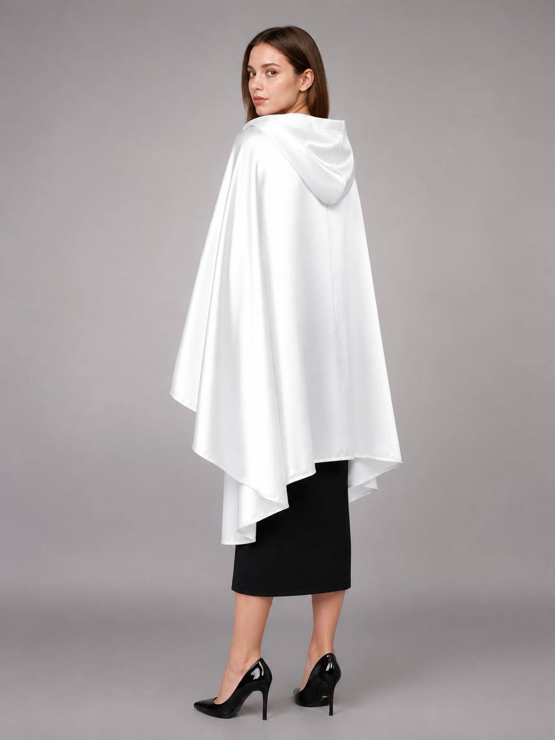 Long white hooded satin-look carnival cape product view 42