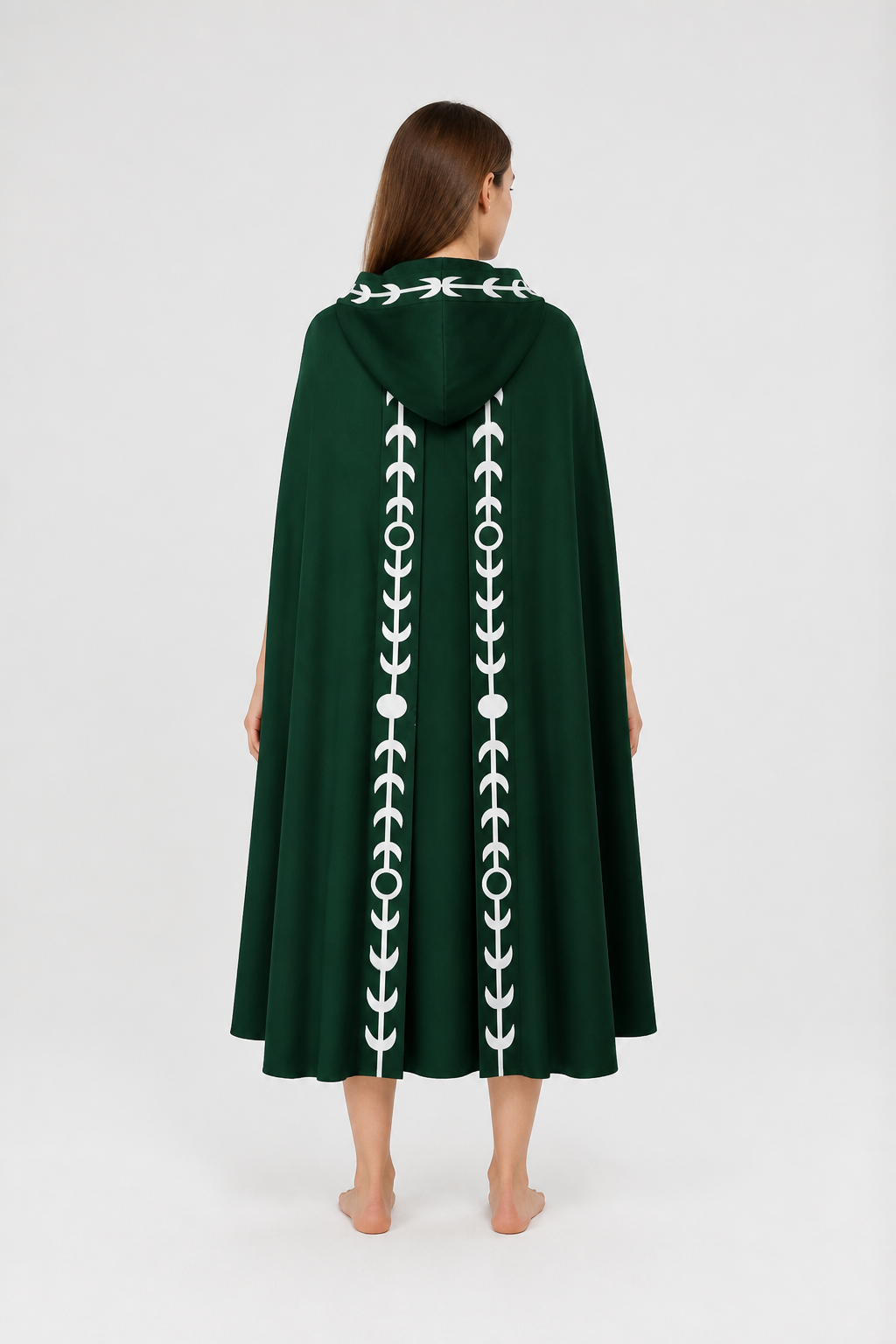 Hooded Cloak, Green with White Pattern back view