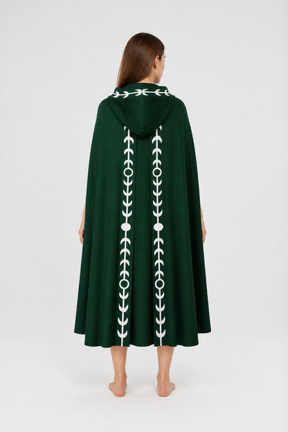 Hooded Cloak, Green with White Pattern back view